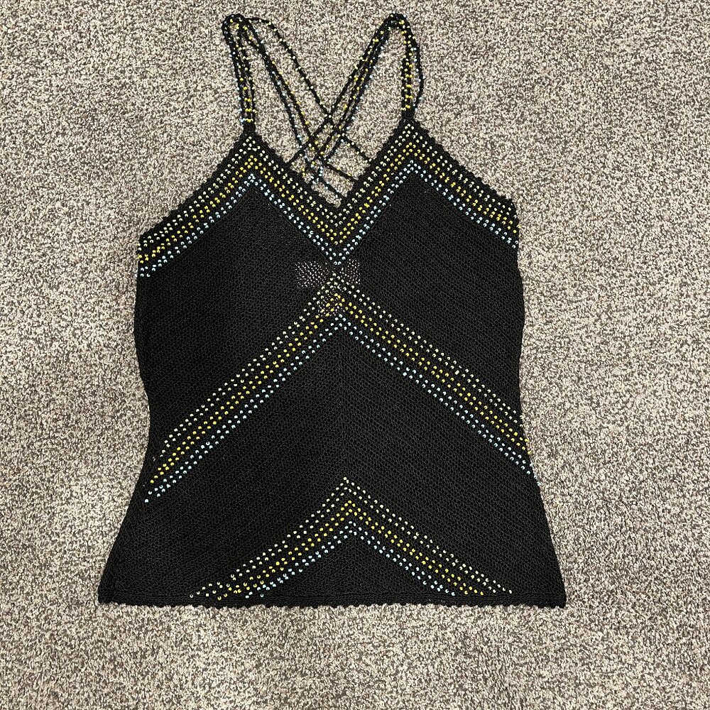 Krocheta by Papillon Crochet Beaded Tank Top Size M Black Spaghetti Straps